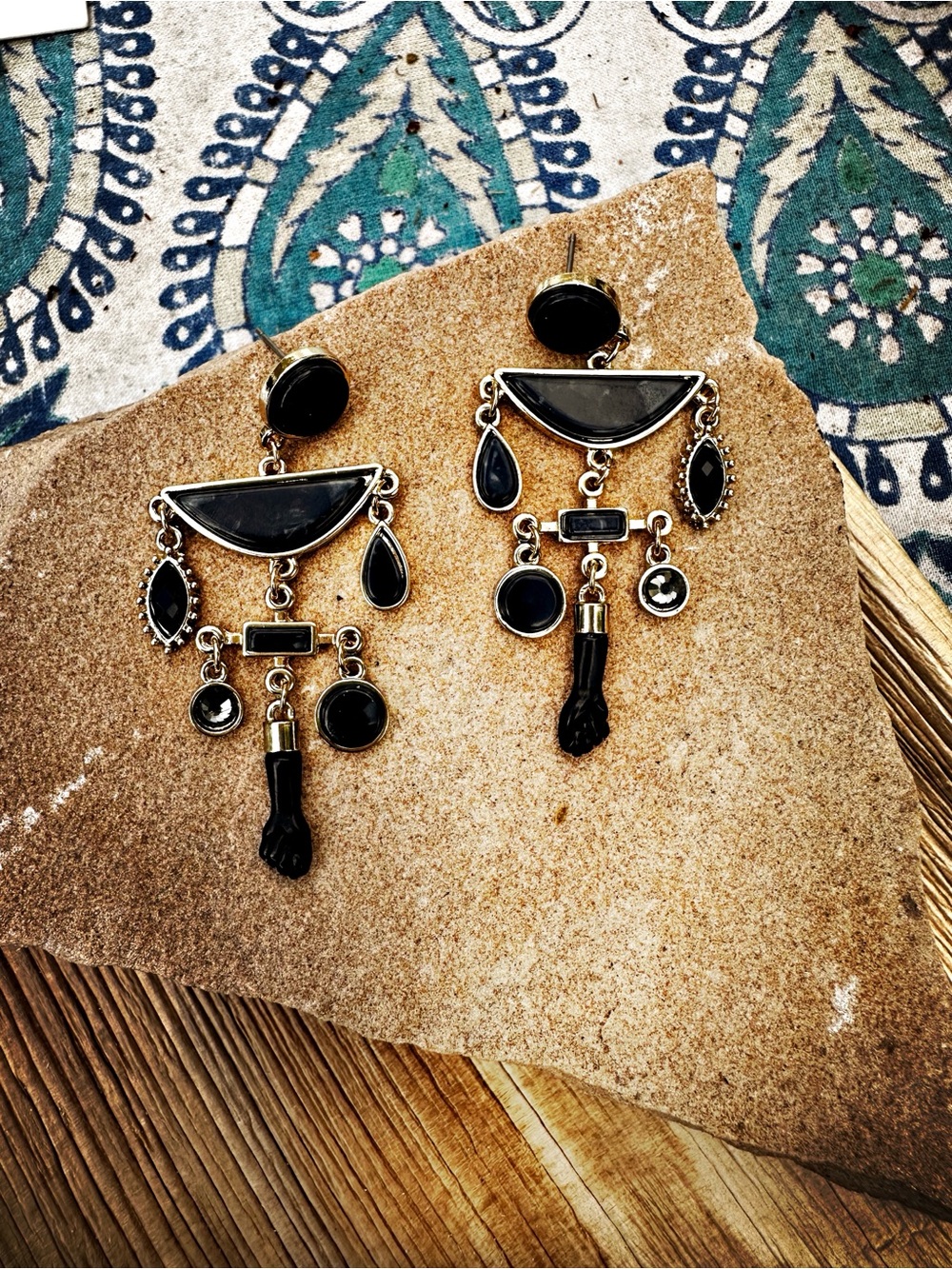 Gold Black Onyx Modernist Statement Earrings